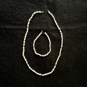 Vintage Dramatic Gold Tone Rice Pearl Beaded Necklace & Bracelet